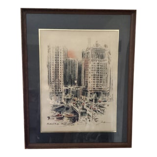 Vintage John Haymson Colored Lithograph Print "Boulevard Bridge Chicago" Signed Matted Framed For Sale