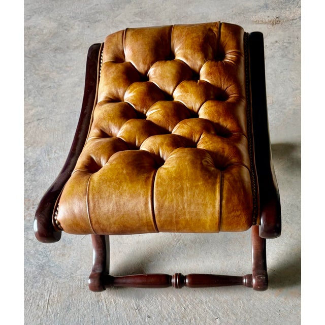 Cora 1920 English Mahogany Chesterfield Leather Stool For Sale - Image 9 of 11