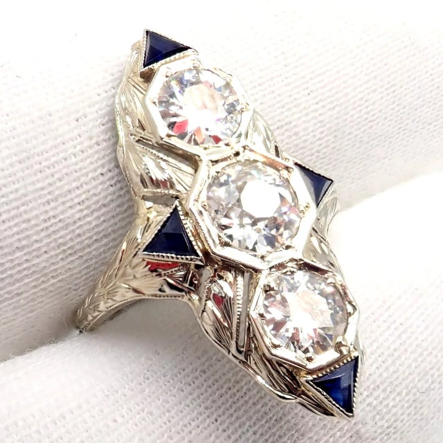 Mid 20th Century Vintage Estate White Gold Diamond Sapphire Art Deco Ring, Size 7 For Sale - Image 5 of 11