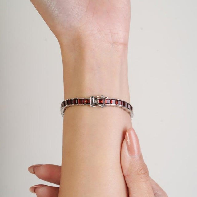 Square Cut Deep Red Garnet Tennis Silver Bracelet for Him For Sale - Image 4 of 11