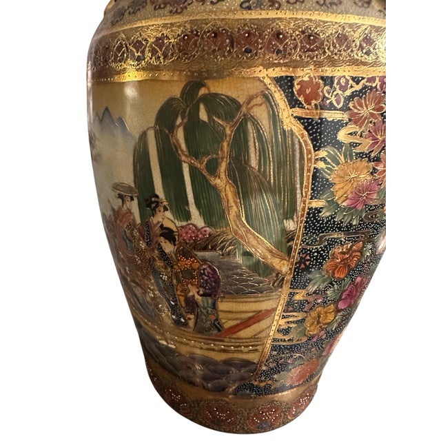 Vintage Royal Satsuma-Style Hand-Painted Porcelain Floor Vase With Gilt Dragon Handles For Sale In Birmingham - Image 6 of 12
