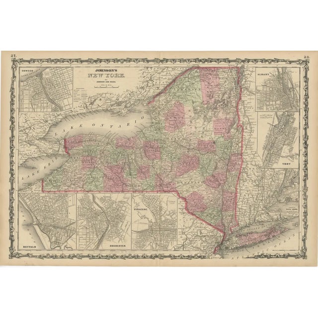 Map of New York State with City Insets from Johnsons, 1864 For Sale