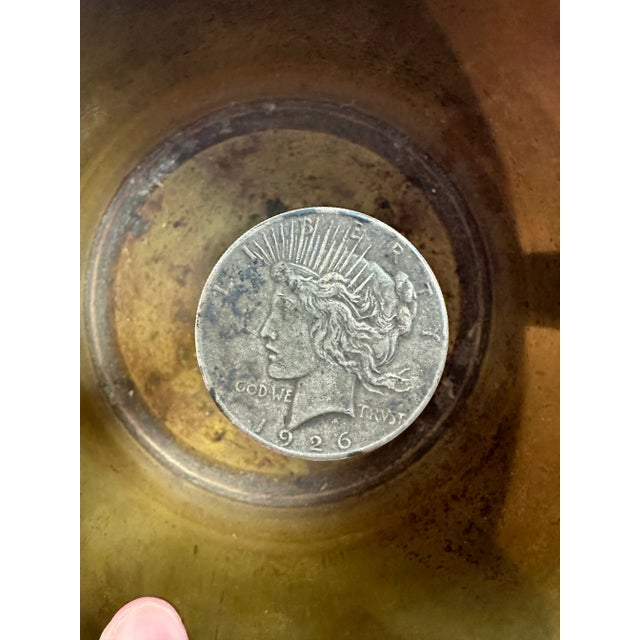Early 20th Century Pair of Trench Art Catchalls or Ashtrays of Brass Artillery Shell Casings With Coins For Sale - Image 9 of 11