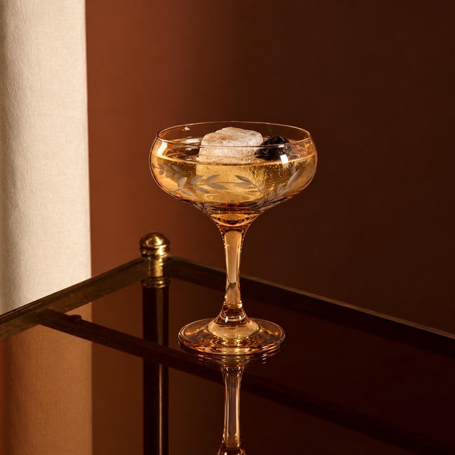 Amber Smoked Etched Champagne Coupe Glasses - Set of 4 For Sale - Image 4 of 7