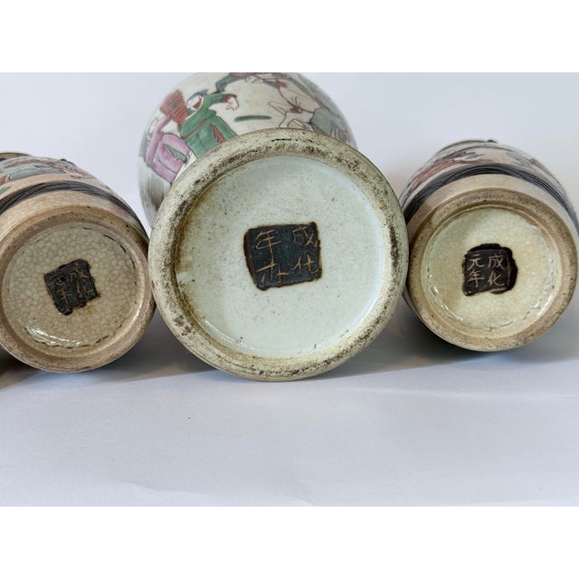 Late 19th Century Set of 3 Chinese Warrior Garniture Urns With Lids For Sale - Image 9 of 12