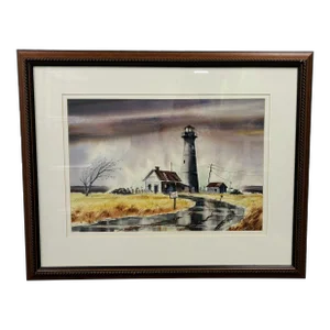 Dennis Fullbright Original Watercolor of Lighthouse in Storm