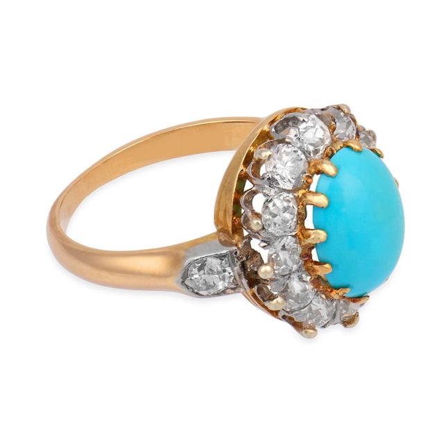 19th Century 19th Century Victorian Turquoise Rose Cut Diamond 14k Rose Gold Cluster Ring, Size 8.5 For Sale - Image 5 of 7