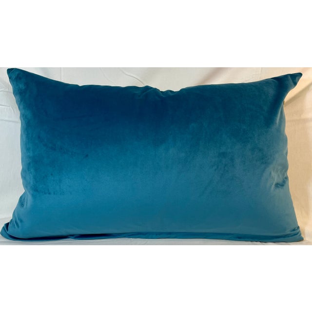 Large Bolster Pillow Adorned With a Stately Blue Thistle Floral Pattern on a Linen Background and Lush Blue Velvet/Velour Back - Made in U K For Sale - Image 10 of 11