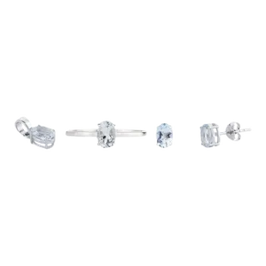 18k Gold Aquamarine Jewelry Set Pendant, Ring Size 7 and Stud Earrings - 4 Pieces