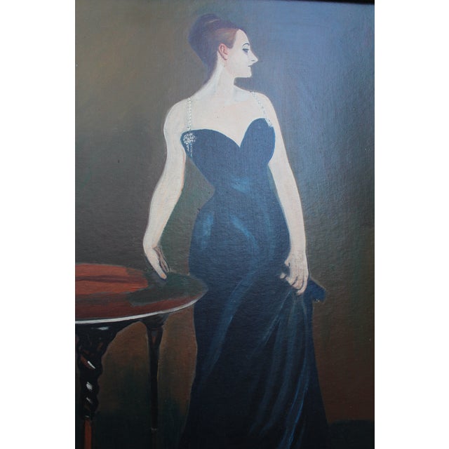 Beautiful antique 20th century oil painting of a woman holding her black dress while holding a French Roll Top Desk Louis...