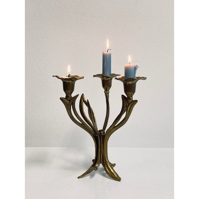 Art Deco Floral Brass Candleholder For Sale - Image 9 of 10