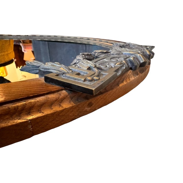 Art Deco 1920s French Art Deco Oval Oak Mirror With Brass Appliqué For Sale - Image 3 of 13