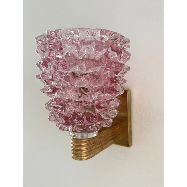 Italian Art Deco Style Brass and Pink Rostrato Murano Glass Wall Sconces, 1990s, Set of 2 For Sale - Image 9 of 13