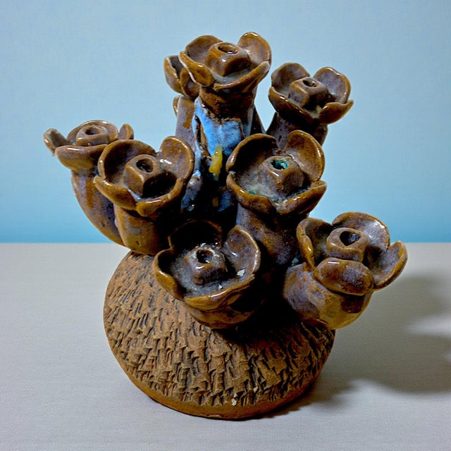 Mid-Century Modern Organic 70s Brutalist Clay Sculpted Earth-Tone and Blue 7 Sprocket Candelabra Style Menorah For Sale - Image 3 of 6