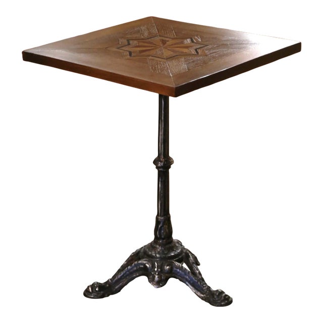 19th Century Napoleon III Polished Iron Bistrot Table With Oak Parquet Top For Sale
