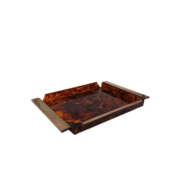 Hollywood Regency Hollywood Regency Brass and Tortoiseshell Lucite Tray, Italy 1970s For Sale - Image 3 of 11