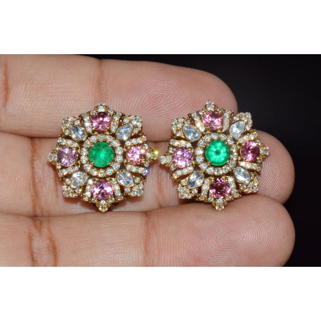 Metal Late 20th Century Natural 4.89cts Diamond, Emerald & Pink Tourmaline 18k Gold Floral Earrings, Pair For Sale - Image 7 of 12