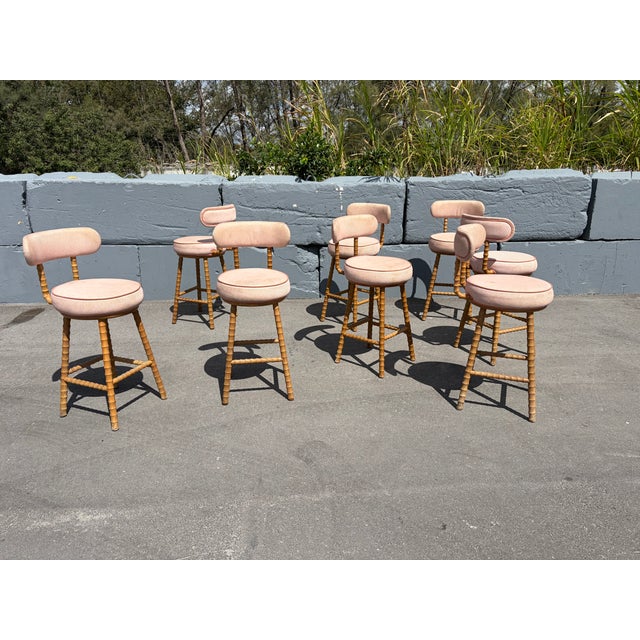 Faux Bamboo Swivel Barstools, Wood, Stools For Sale - Image 9 of 16