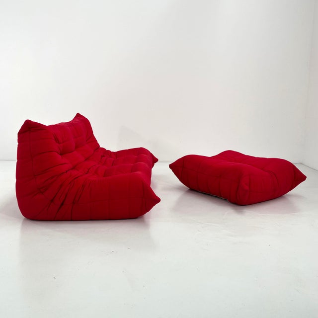 Ligne Roset Set of Red 3-Seater Togo Sofa & Ottoman by Michel Ducaroy for Ligne Roset, 1970s For Sale - Image 4 of 17
