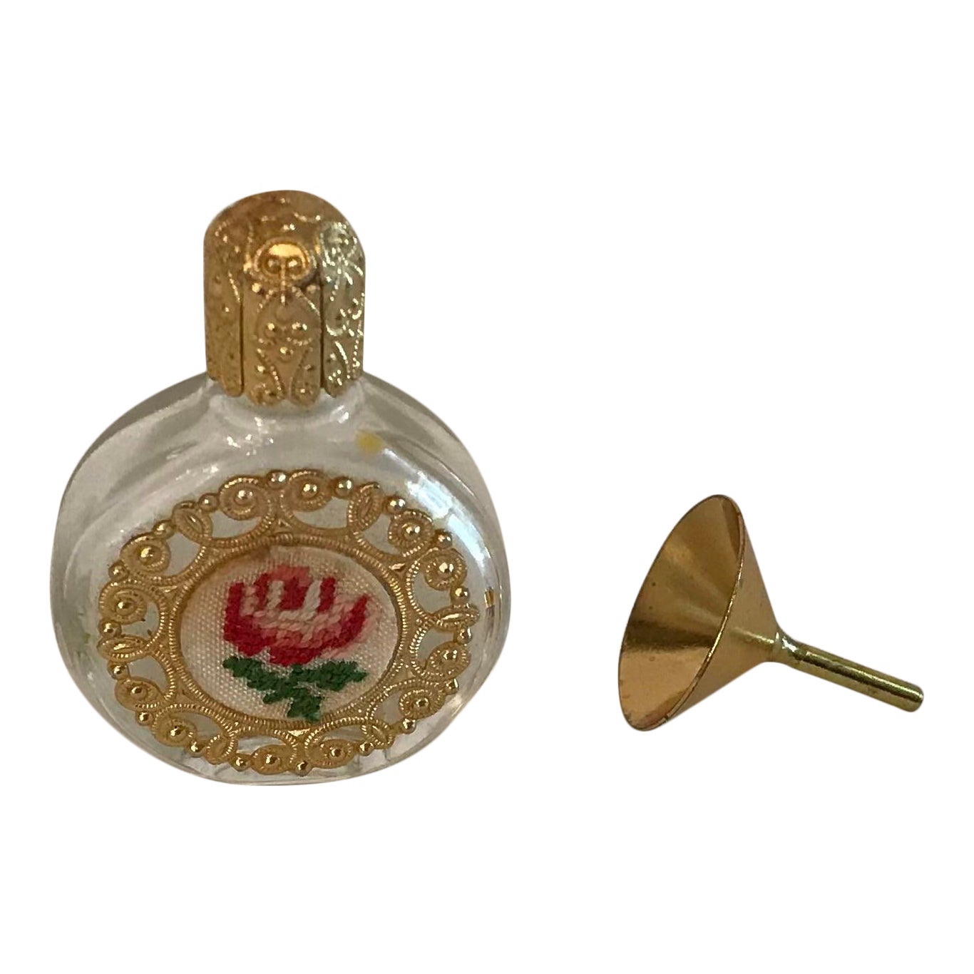 Vintage Petite Gold Filigree And Needlepoint Encased Perfume Bottle With Funnel Chairish