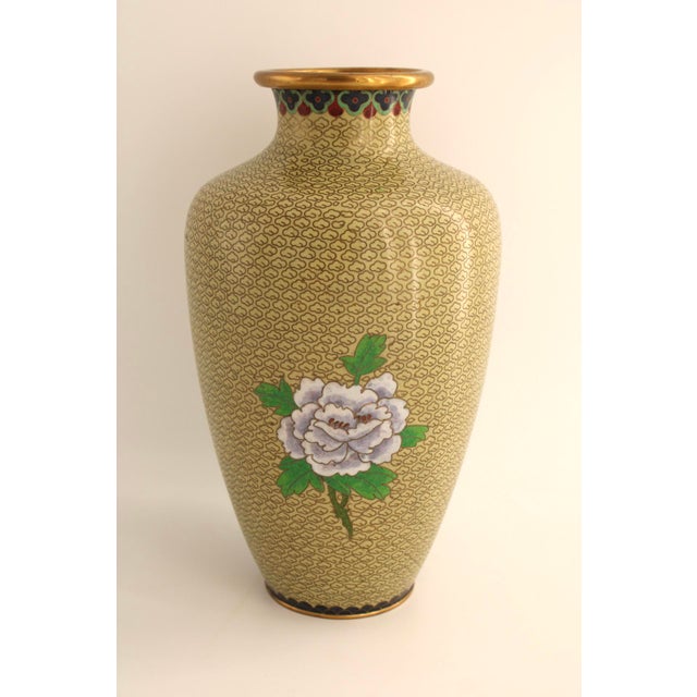 Beautifully detailed, large 12” Vintage Chinese Cloisonne Enamel Baluster Vase. Featuring an elegant pale yellow cloud...