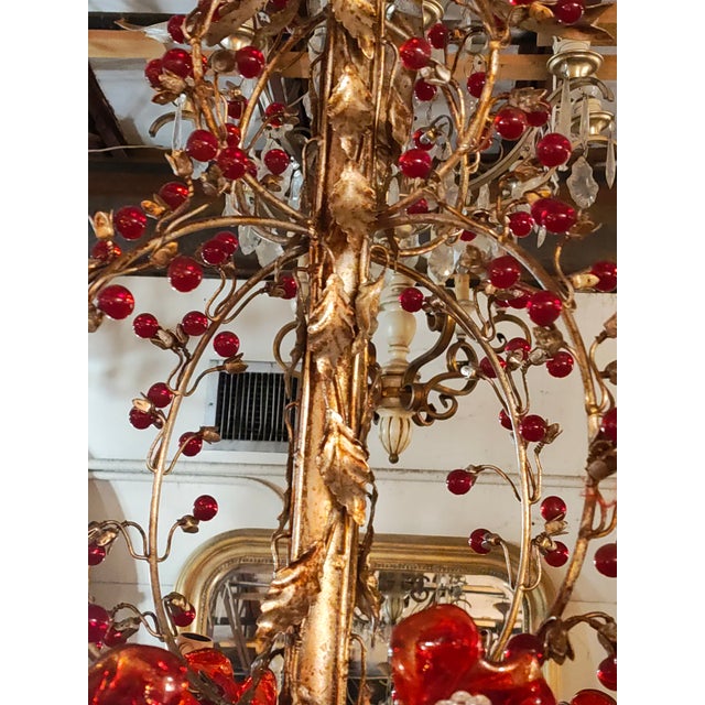 French 1940s French Gilt Metal Floral Chandelier With Red Glass Berry Accents, Marseille For Sale - Image 3 of 6