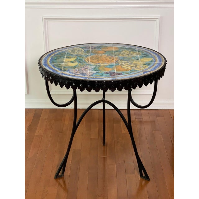 1950s Italian Hand-Painted Ceramic Tile Top Bistro, Side Table With Wrought Iron Base, 1950s For Sale - Image 5 of 15