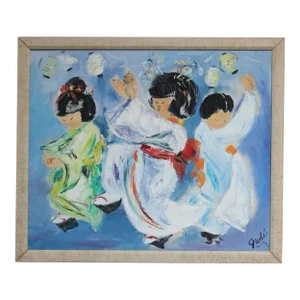 Japanese Dancing Geishas Oil on Canvas Signed Gudi