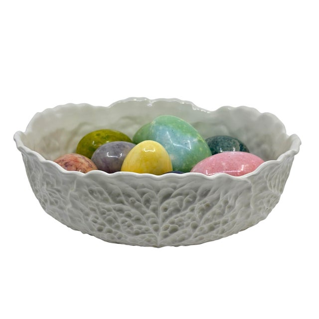 Vintage Majolica Style White Cabbage Bowl With Colorful Alabaster Eggs Made in Italy- Set of 11 Pieces For Sale In New York - Image 6 of 12