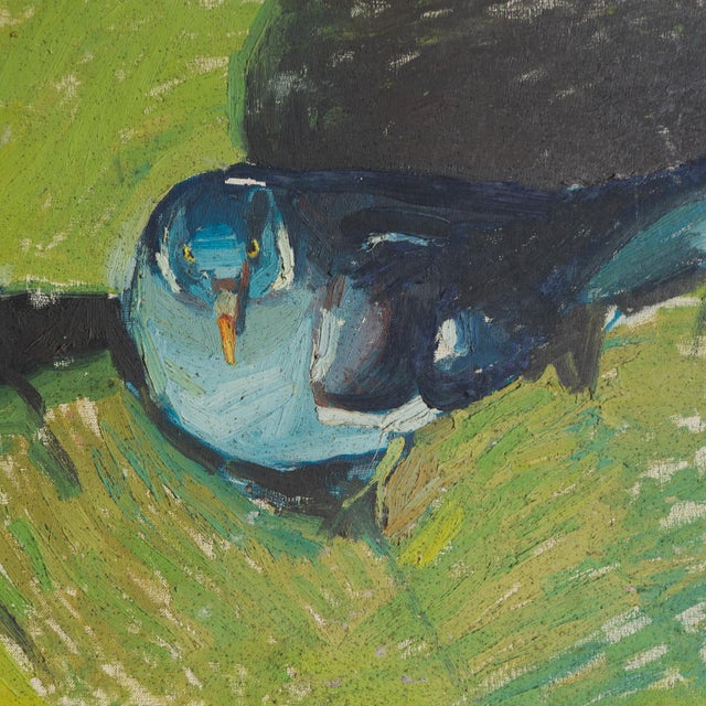 VINTAGE ORIGINAL OIL ON CANVAS BIRD PAINTING Depicting a pigeon sat on the grass from the perspective looking towards the...