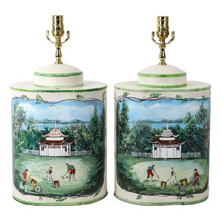 Mid-20th Century Chinese-Style Hand-Painted Ceramic Tea Canister Table Lamps - a Pair For Sale