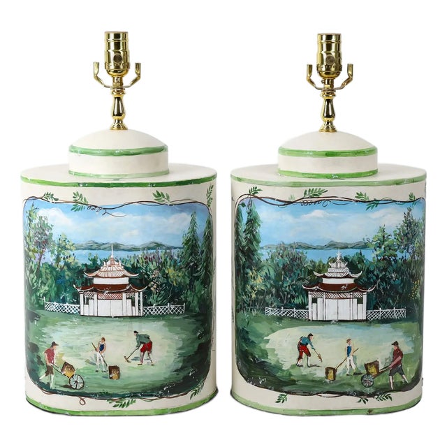 Mid-20th Century Chinese-Style Hand-Painted Ceramic Tea Canister Table Lamps - a Pair For Sale