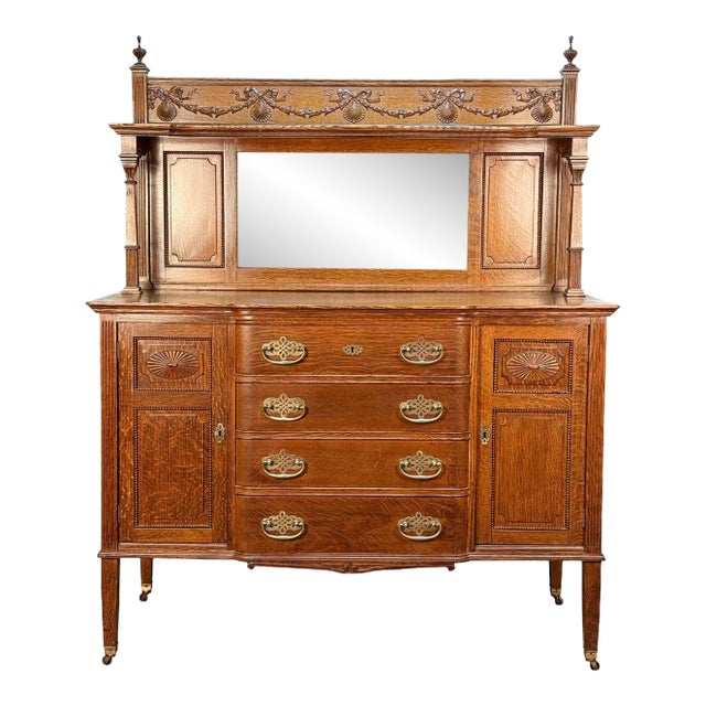 Antique Edwardian Quartersawn Oak Mirrored Sideboard Buffer Server For Sale