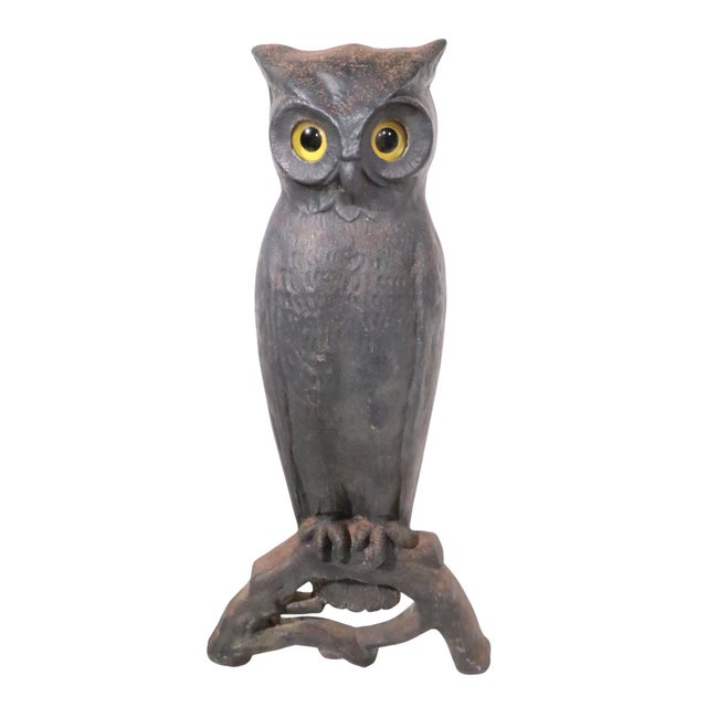 Large Pair of Vintage Arts and Crafts Rustic Victorian Owl Andirons With Glass Eyes For Sale - Image 9 of 14