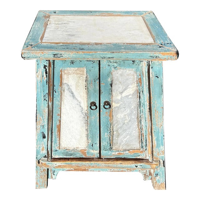 Distressed Pale Blue Stone Top Doors Slayed Legs End Table Nightstand For Sale