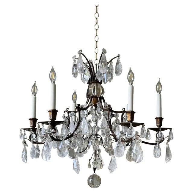 Pair of Authentic Maison Bagues Rock Crystal and Patinated Iron Early 20th Century Chandeliers. Old wonderful hand cut...
