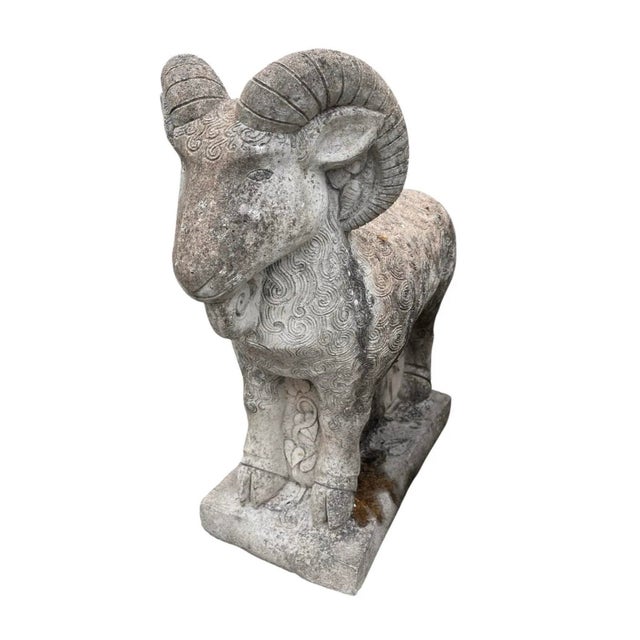 Elevate an entryway, garden path, or courtyard with this striking vintage cast stone ram sculpture. Crafted in a stylized...