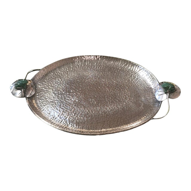 1950s Whimsical Silver-Plate & Malachite Serving Tray by Emilia Castillo For Sale