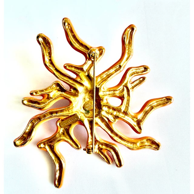 90s Oscar De La Renta Brooch Coral Branch Pearl Enamel Rhinestones Crystals Vintage Gold Plated For Sale In Los Angeles - Image 6 of 8