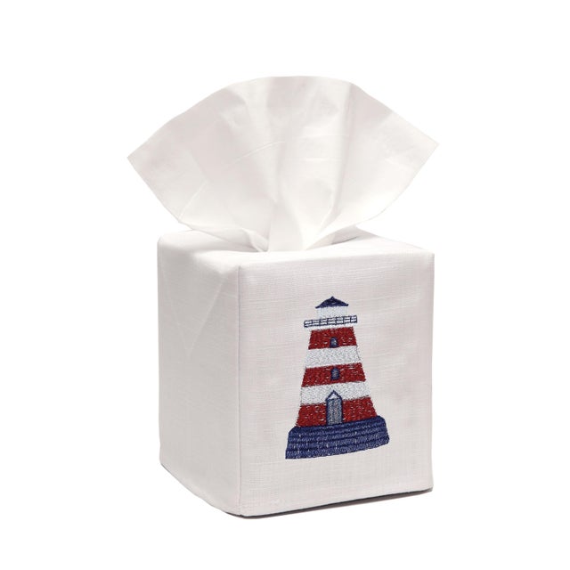 Red Lighthouse Tissue Box Cover White Linen & Cotton, Embroidered For Sale - Image 4 of 5