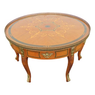 French Inlay Round Coffee Table With Brass Apron 6349 For Sale