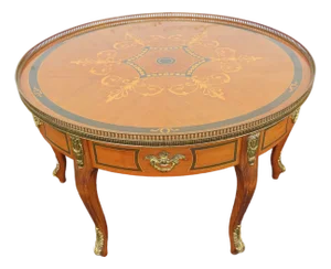 French Inlay Round Coffee Table With Brass Apron 6349