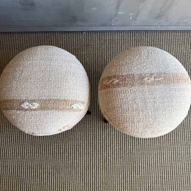 Textile Pair of Off white, natural, greige Vintage Turkish Rug Ottomans For Sale - Image 7 of 11