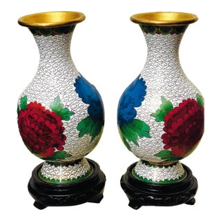 Pair of Mid-Century Red, Blue & Yellow Blooms Cloisonné Vases Enjoyable Investment For Sale