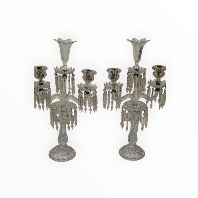 American Vintage Pair 14" Modular Crystal 3-Light Candelabras Threaded European Lead Crystal Complete With Prisms For Sale - Image 3 of 12