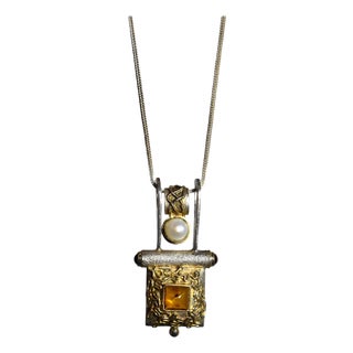 Late 20th Century Artisan Sterling Silver Amber Pearl Pendant Necklace For Sale