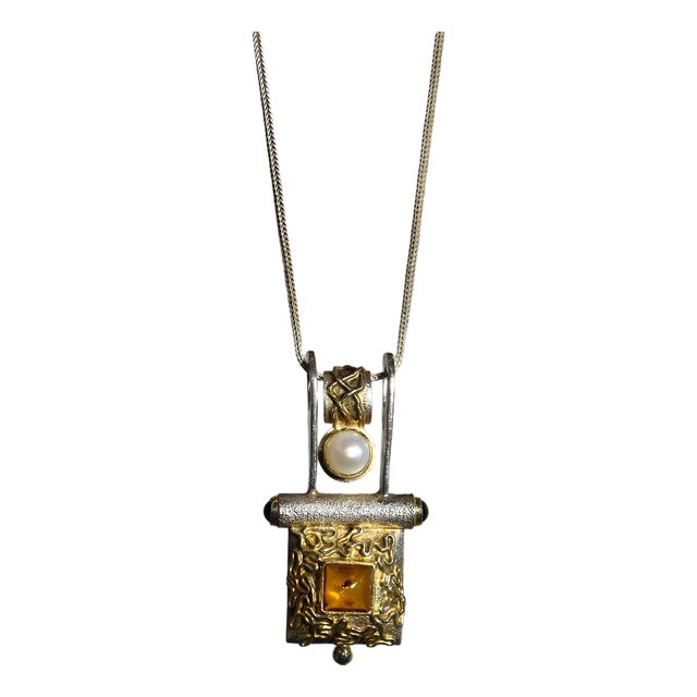 Late 20th Century Artisan Sterling Silver Amber Pearl Pendant Necklace For Sale