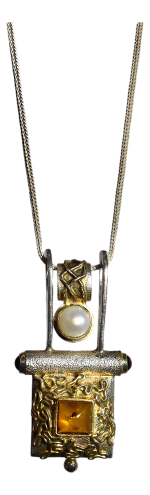Late 20th Century Artisan Sterling Silver Amber Pearl Pendant Necklace