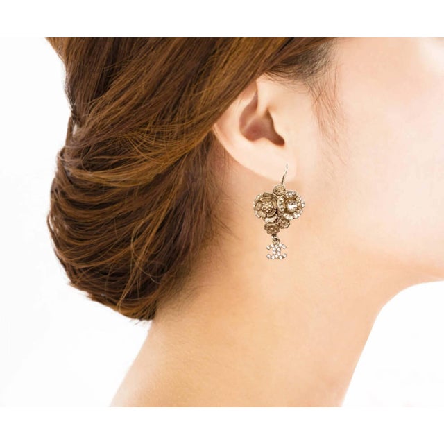 Chanel Gold Multi Flower Crystal CC Dangle Lever Back Earrings * Marked 12 * Made in France * Comes with the original box...