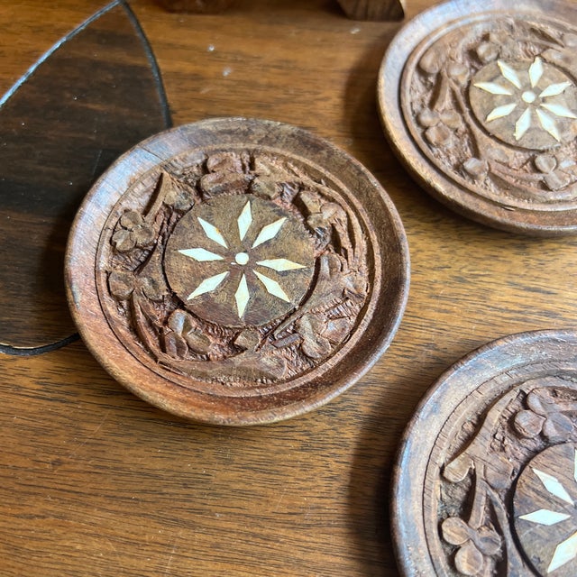 Wood 1970s Collection of Hand Carved Wooden Coasters With Holder - 6 pcs For Sale - Image 7 of 12